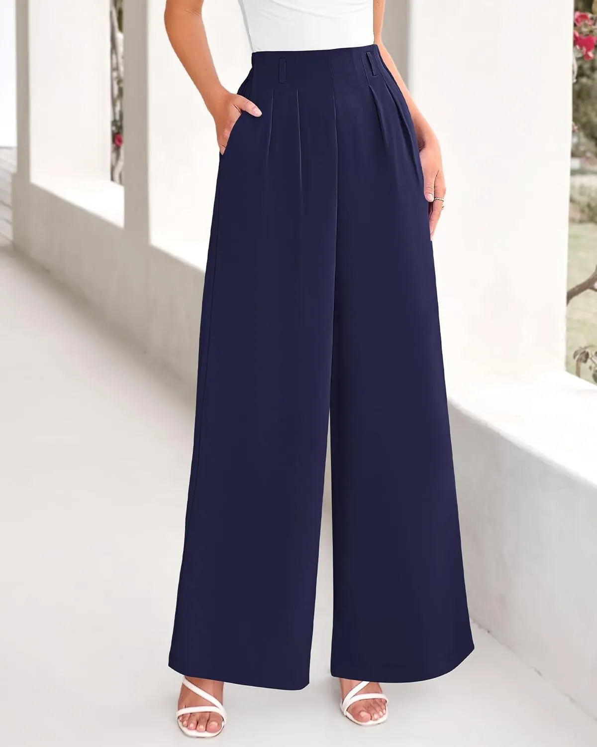 BTFBM Women's Elegant Flowy Dress Pants Front Pleated High Waisted Casual Wide Leg Loose Palazzo Trousers with Pockets