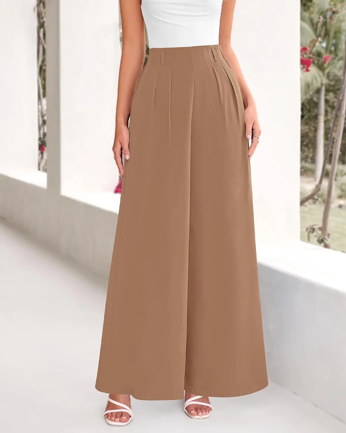 BTFBM Women's Elegant Flowy Dress Pants Front Pleated High Waisted Casual Wide Leg Loose Palazzo Trousers with Pockets