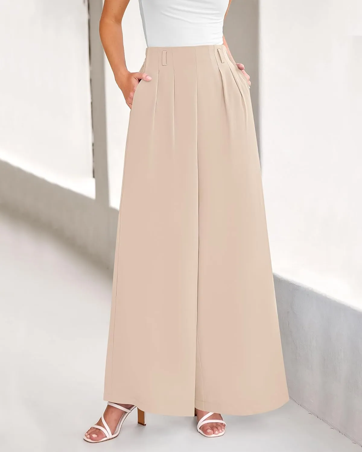 BTFBM Women's Elegant Flowy Dress Pants Front Pleated High Waisted Casual Wide Leg Loose Palazzo Trousers with Pockets
