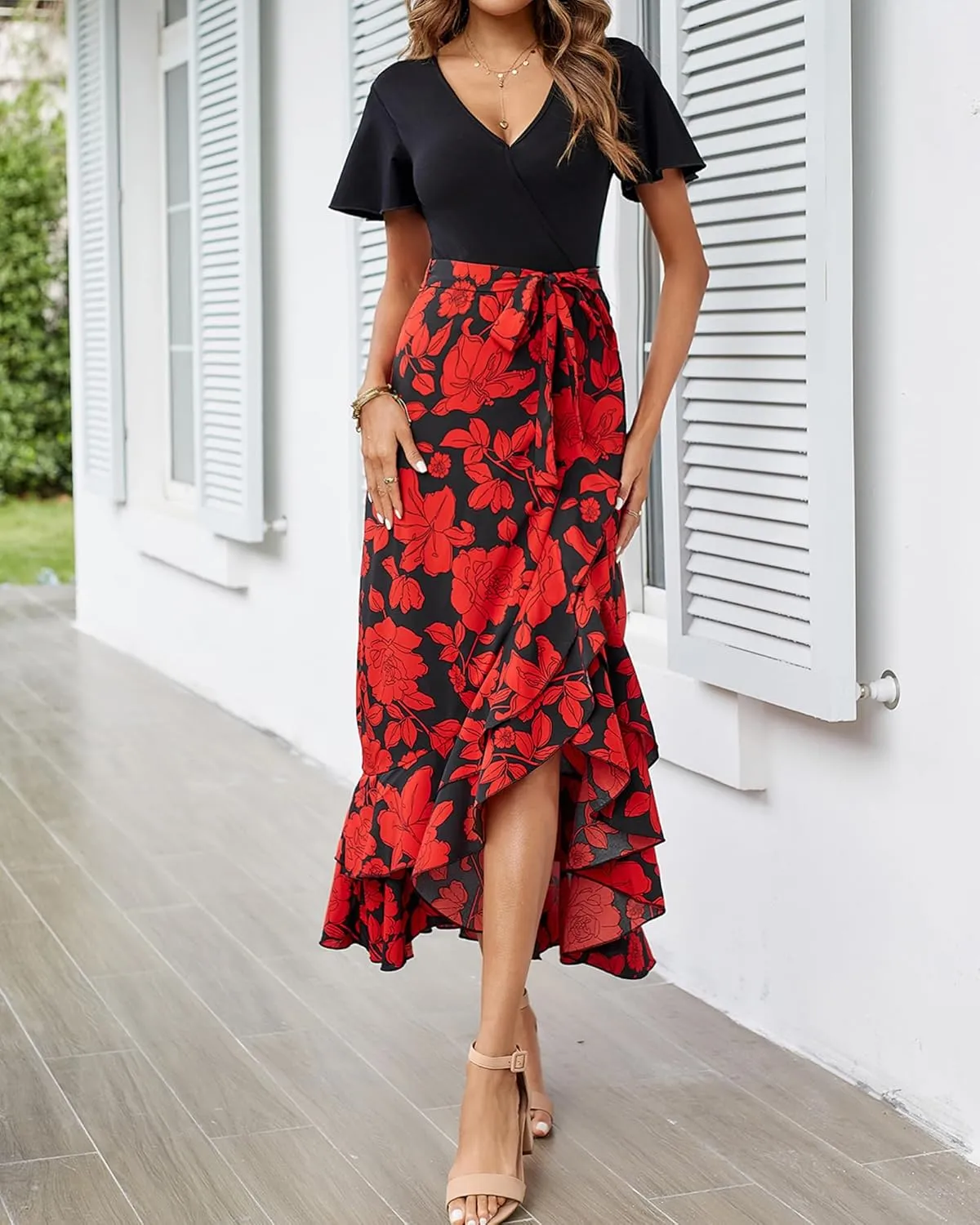 BTFBM Womens Maxi Summer Dresses 2025 Short Sleeve V Neck Boho Floral Print Belted High Low Ruffle Party Cocktail Dress
