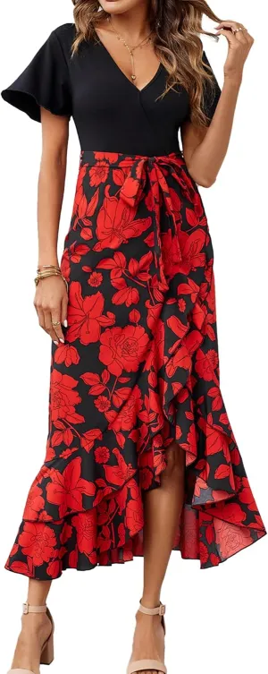 BTFBM Womens Maxi Summer Dresses 2025 Short Sleeve V Neck Boho Floral Print Belted High Low Ruffle Party Cocktail Dress