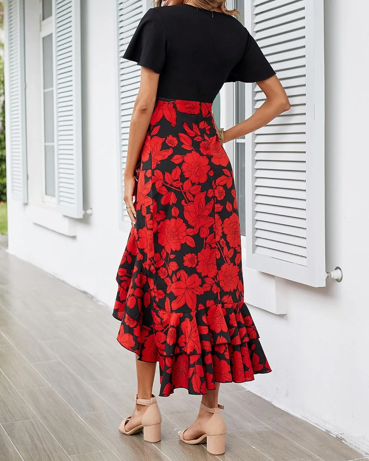 BTFBM Womens Maxi Summer Dresses 2025 Short Sleeve V Neck Boho Floral Print Belted High Low Ruffle Party Cocktail Dress