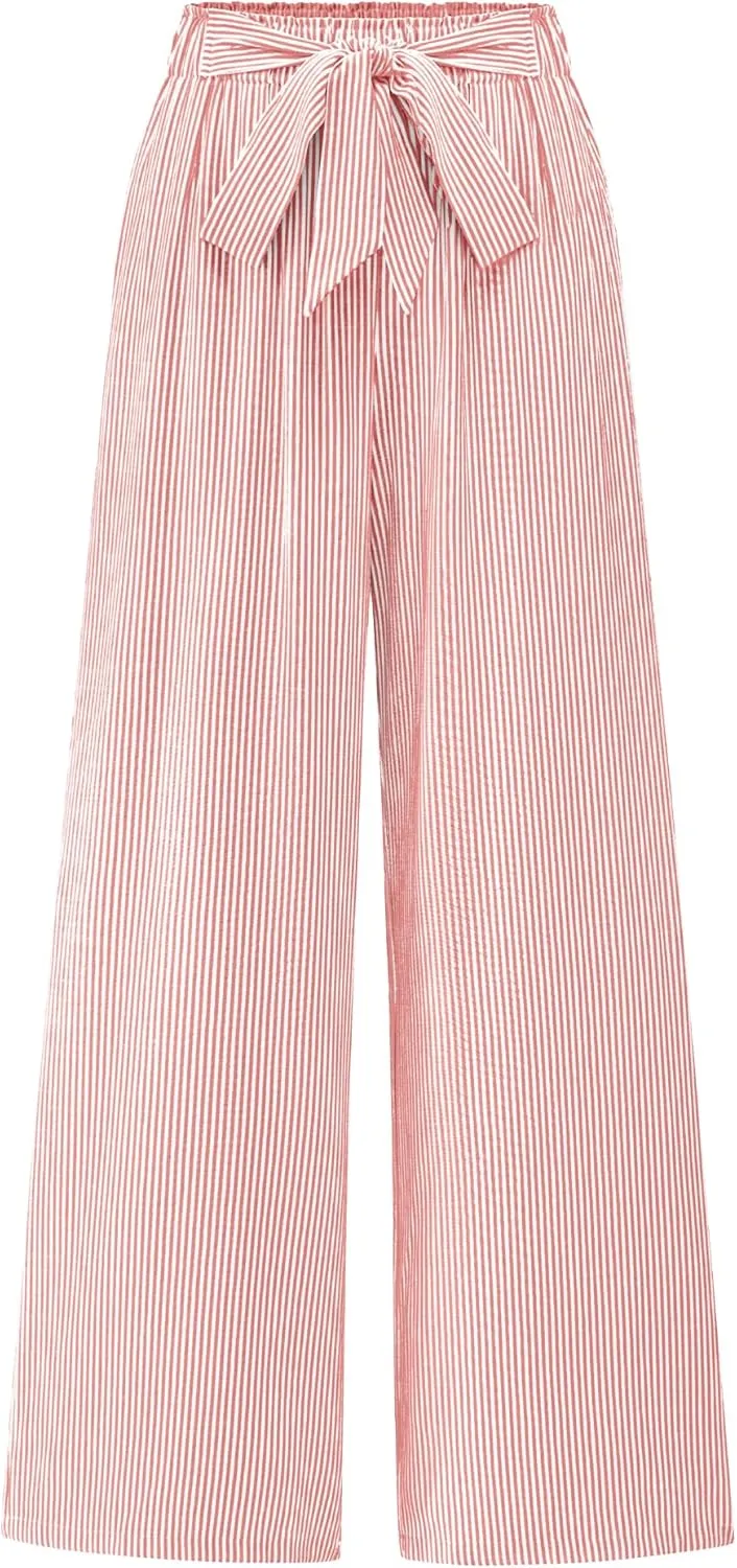 BTFBM Womens Striped Wide Leg Pants Dressy High Waist Trousers Business Casual Loose Flowy Tie Knot Palazzo Pants