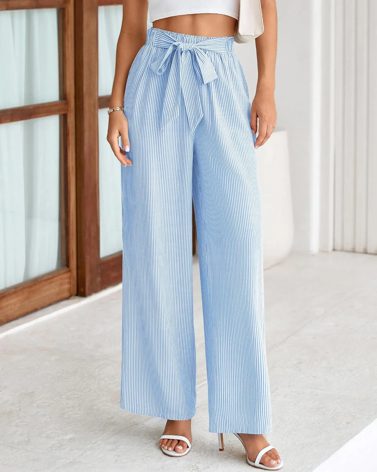 BTFBM Womens Striped Wide Leg Pants Dressy High Waist Trousers Business Casual Loose Flowy Tie Knot Palazzo Pants