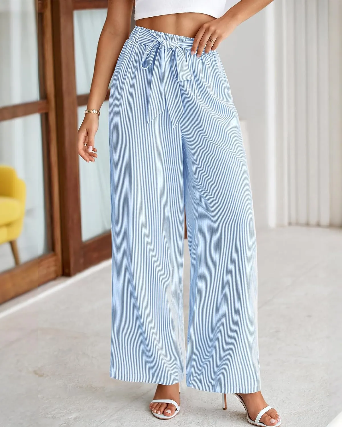 BTFBM Womens Striped Wide Leg Pants Dressy High Waist Trousers Business Casual Loose Flowy Tie Knot Palazzo Pants