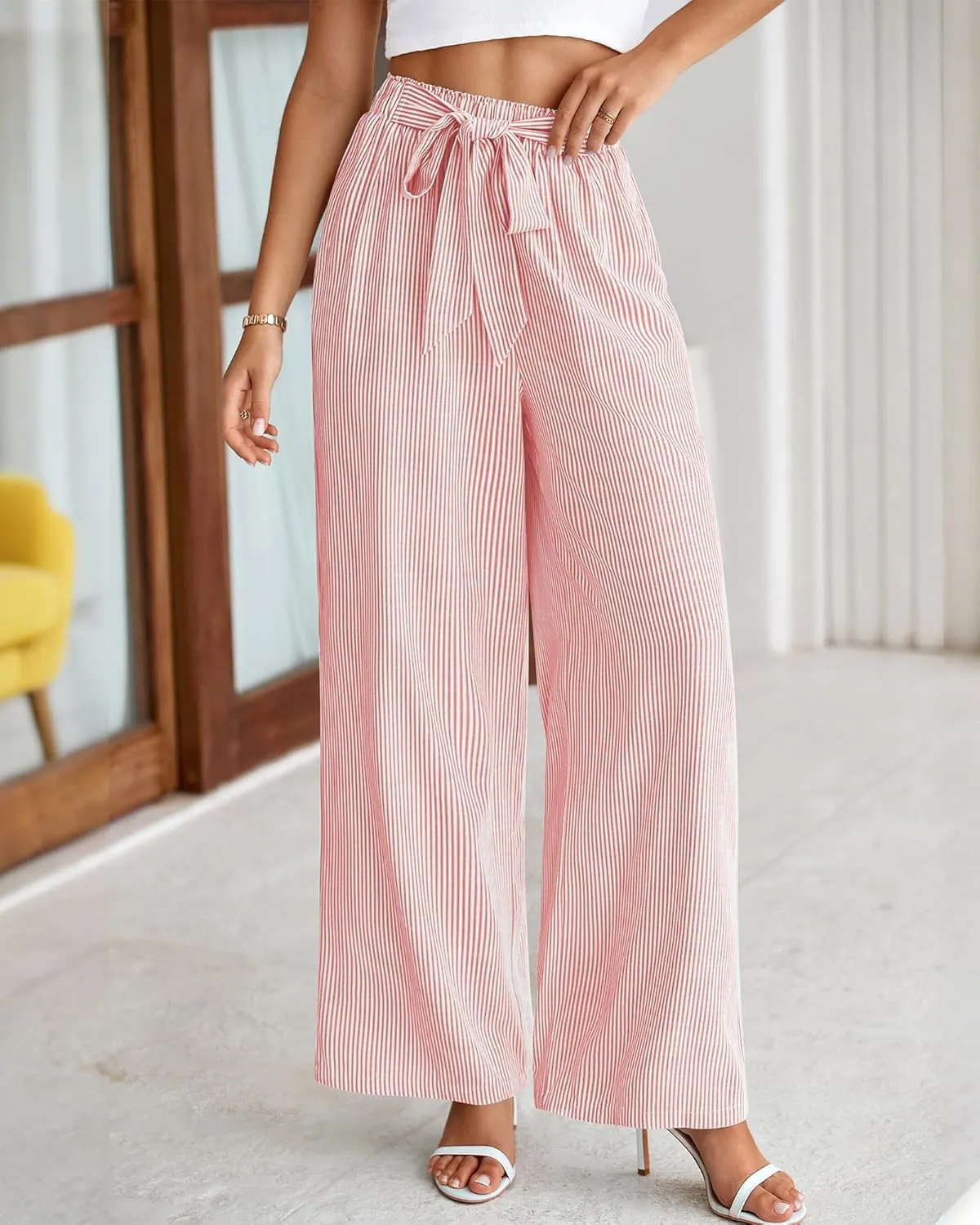 BTFBM Womens Striped Wide Leg Pants Dressy High Waist Trousers Business Casual Loose Flowy Tie Knot Palazzo Pants