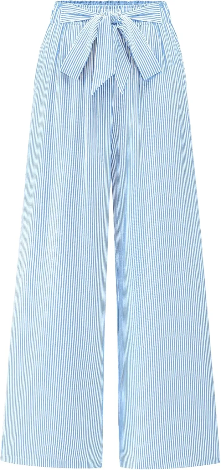 BTFBM Womens Striped Wide Leg Pants Dressy High Waist Trousers Business Casual Loose Flowy Tie Knot Palazzo Pants