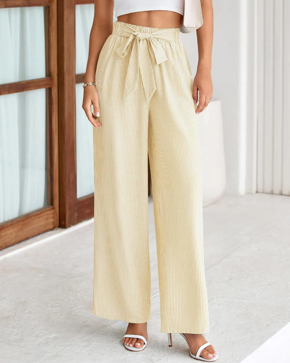 BTFBM Womens Striped Wide Leg Pants Dressy High Waist Trousers Business Casual Loose Flowy Tie Knot Palazzo Pants