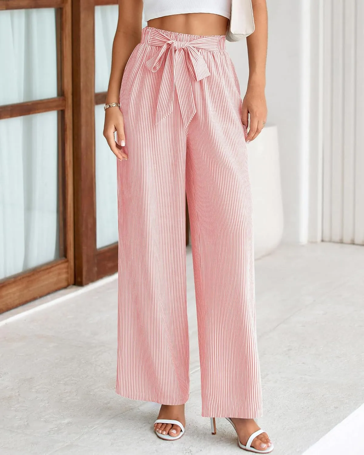 BTFBM Womens Striped Wide Leg Pants Dressy High Waist Trousers Business Casual Loose Flowy Tie Knot Palazzo Pants