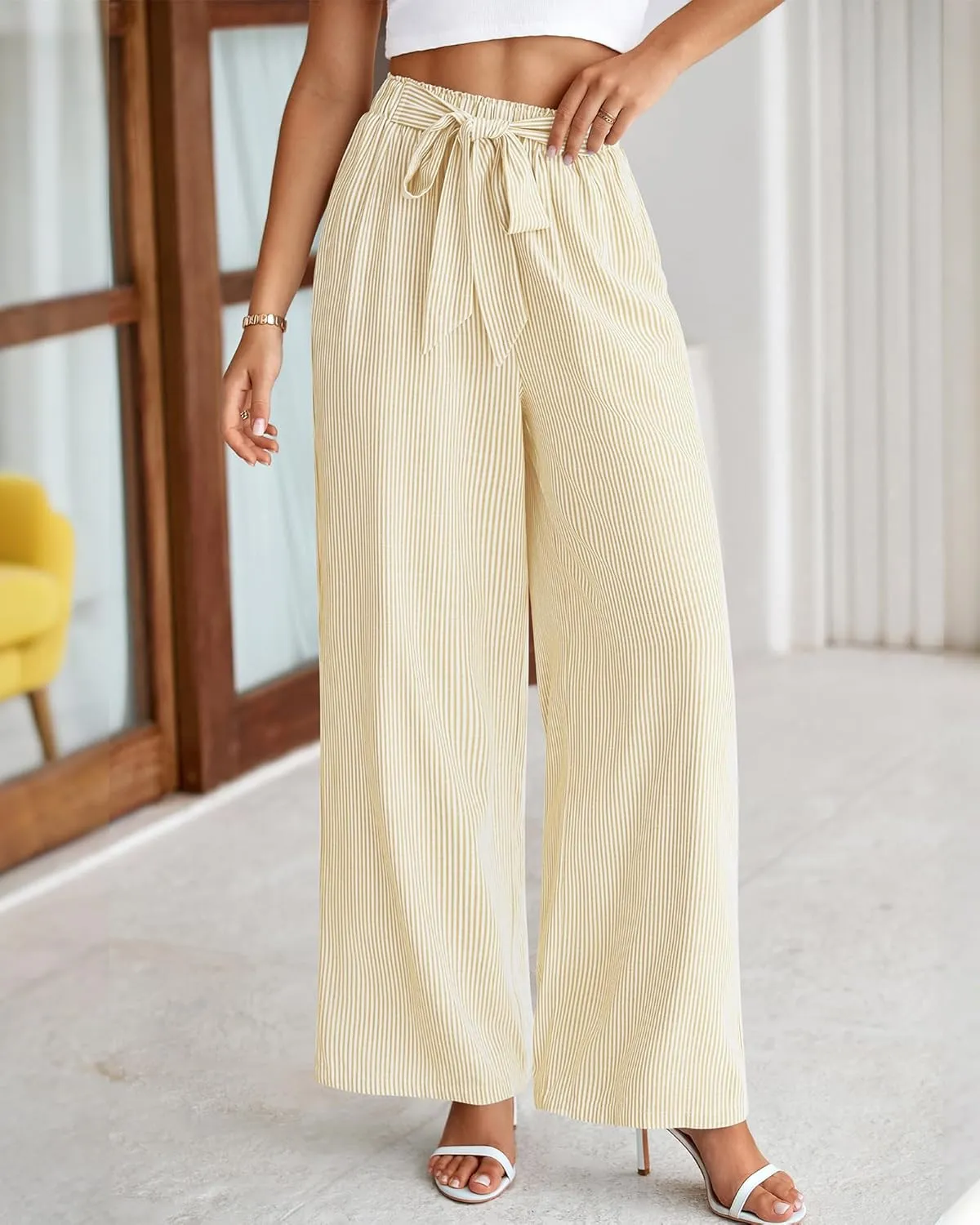 BTFBM Womens Striped Wide Leg Pants Dressy High Waist Trousers Business Casual Loose Flowy Tie Knot Palazzo Pants