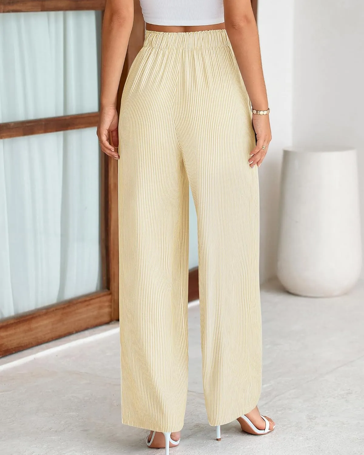 BTFBM Womens Striped Wide Leg Pants Dressy High Waist Trousers Business Casual Loose Flowy Tie Knot Palazzo Pants