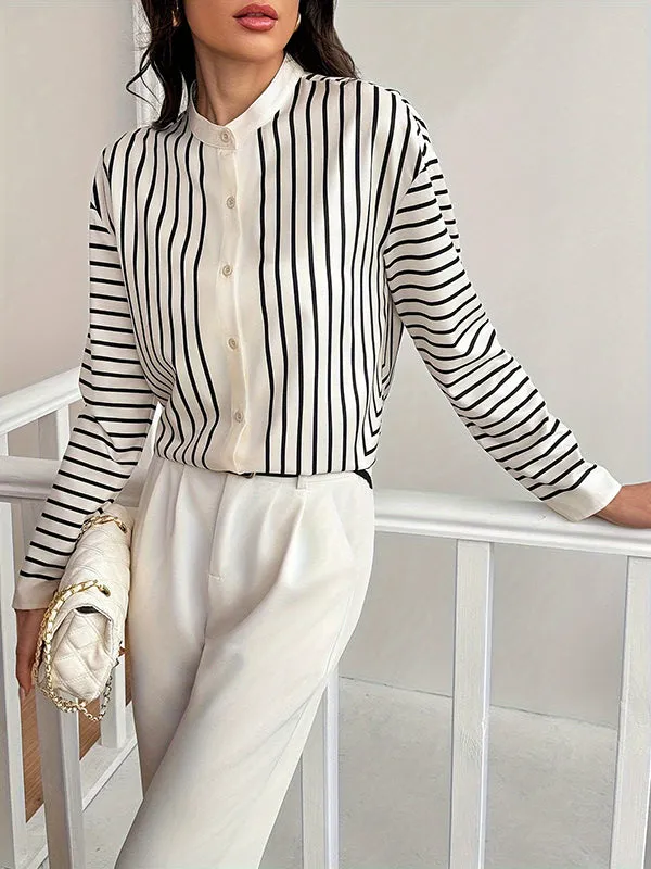 Buttoned Striped Long Sleeves Loose Round-Neck Blouses&Shirts Tops