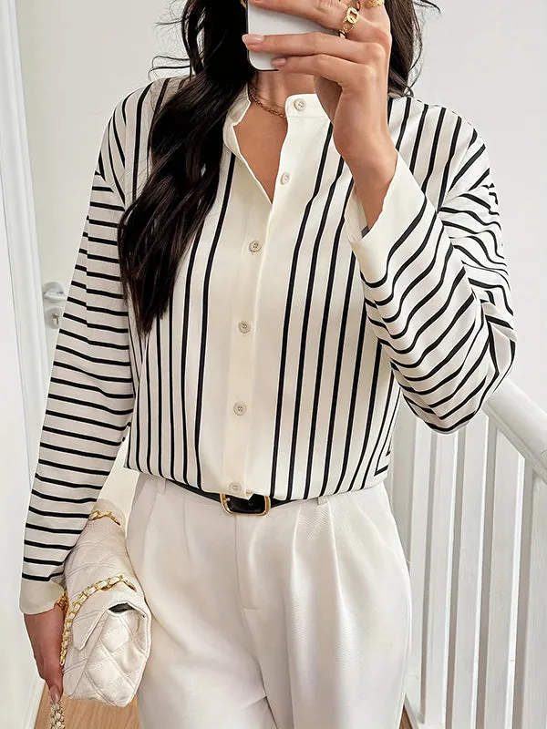 Buttoned Striped Long Sleeves Loose Round-Neck Blouses&Shirts Tops