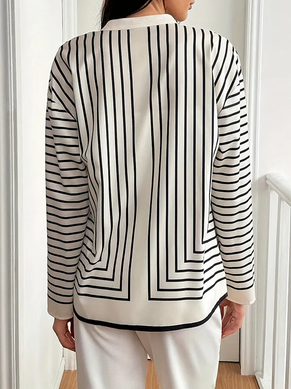 Buttoned Striped Long Sleeves Loose Round-Neck Blouses&Shirts Tops