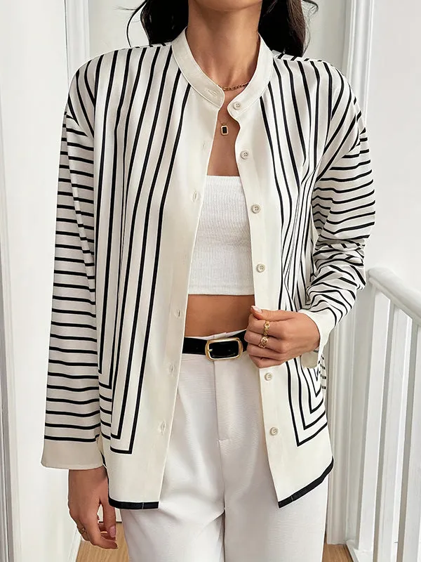 Buttoned Striped Long Sleeves Loose Round-Neck Blouses&Shirts Tops