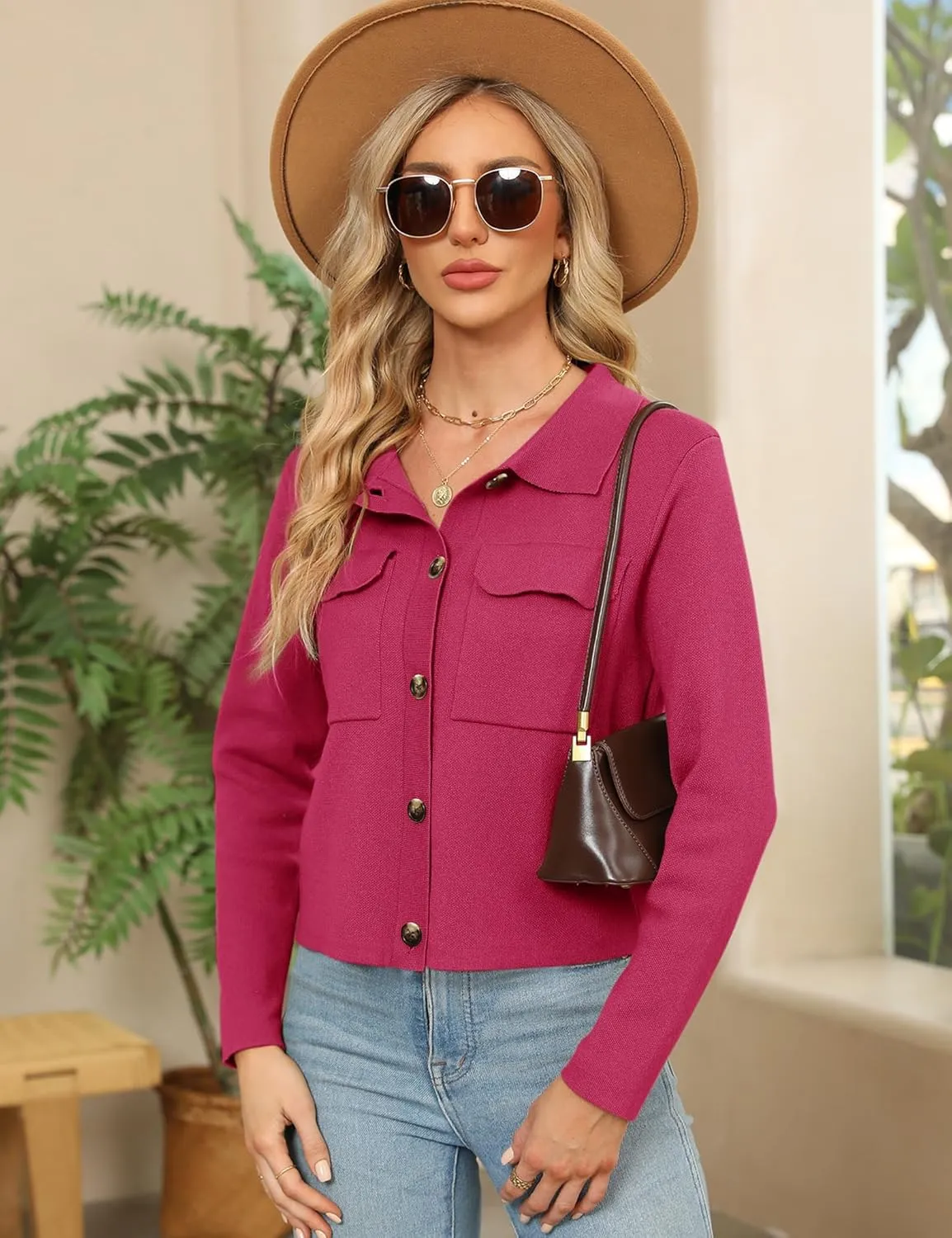 BZB Women Long Sleeve Sweater Cardigan Collared Button Up Open Front Cropped Knit Jackets with Pockets