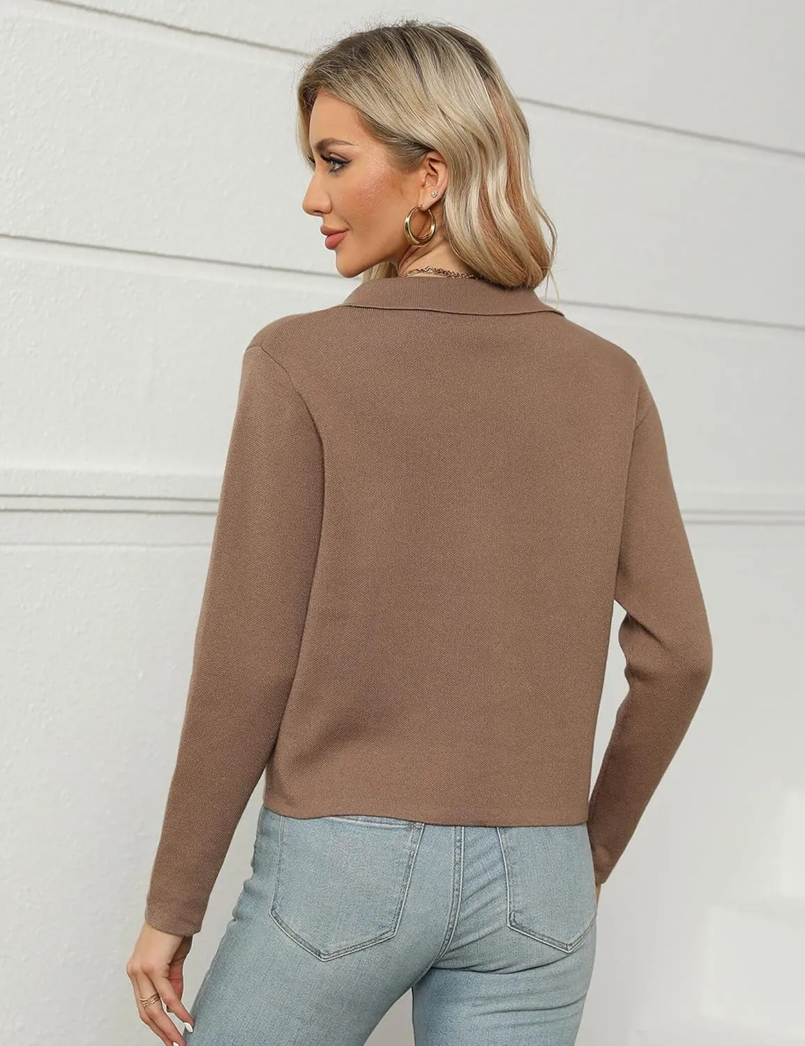 BZB Women Long Sleeve Sweater Cardigan Collared Button Up Open Front Cropped Knit Jackets with Pockets