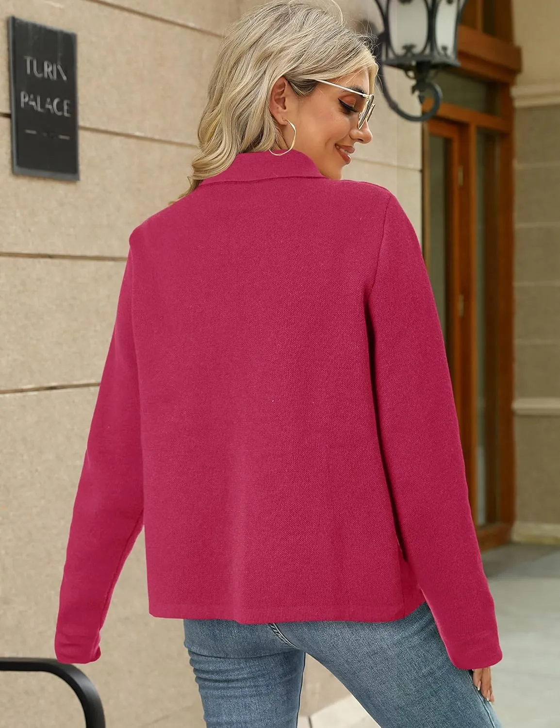 BZB Women Long Sleeve Sweater Cardigan Collared Button Up Open Front Cropped Knit Jackets with Pockets