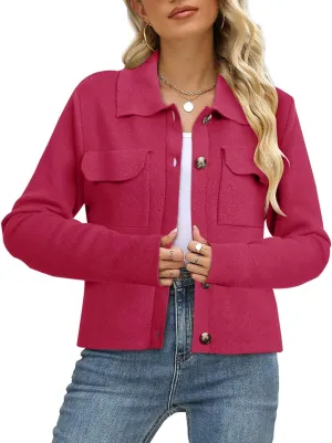 BZB Women Long Sleeve Sweater Cardigan Collared Button Up Open Front Cropped Knit Jackets with Pockets