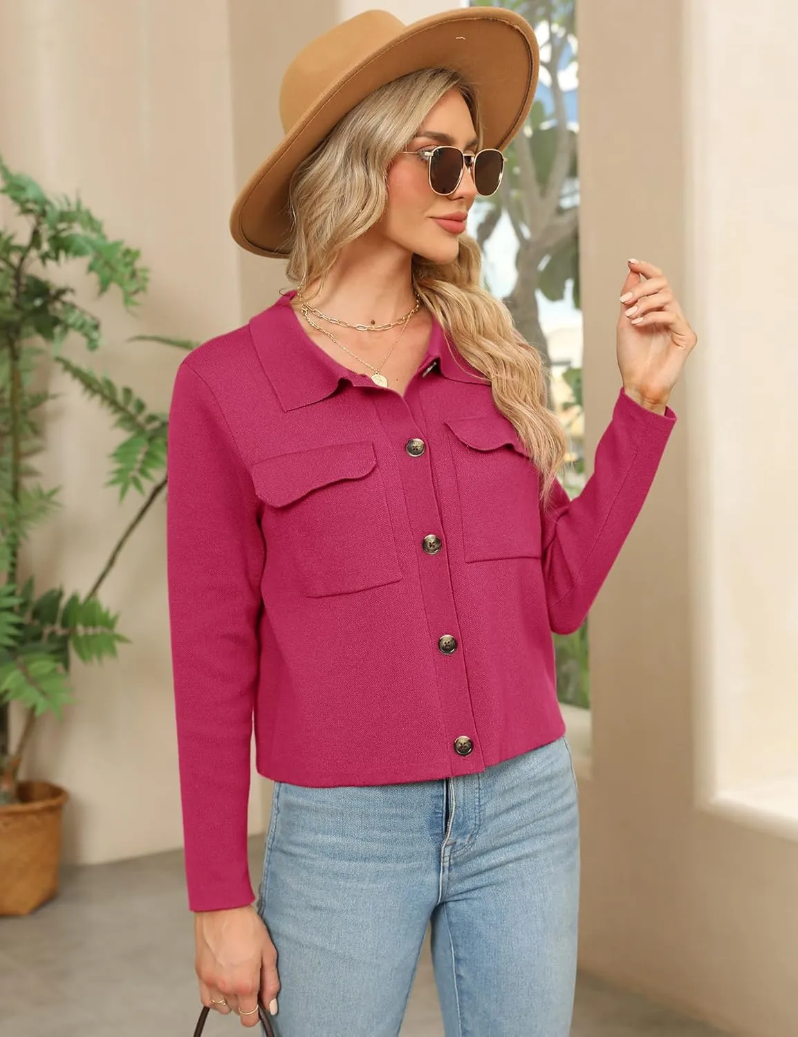 BZB Women Long Sleeve Sweater Cardigan Collared Button Up Open Front Cropped Knit Jackets with Pockets