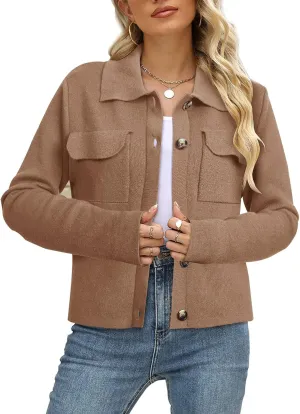 BZB Women Long Sleeve Sweater Cardigan Collared Button Up Open Front Cropped Knit Jackets with Pockets