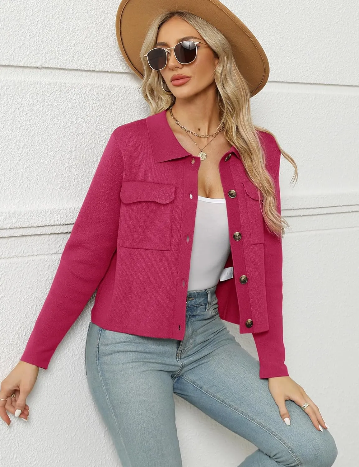 BZB Women Long Sleeve Sweater Cardigan Collared Button Up Open Front Cropped Knit Jackets with Pockets