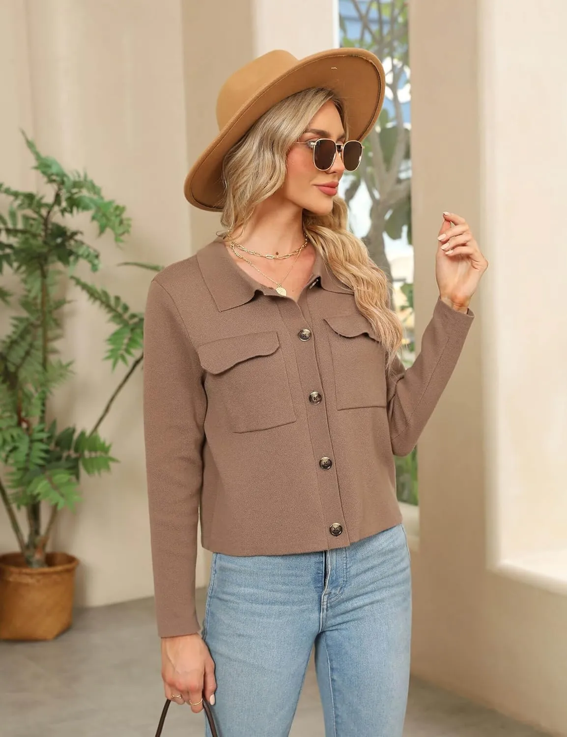 BZB Women Long Sleeve Sweater Cardigan Collared Button Up Open Front Cropped Knit Jackets with Pockets
