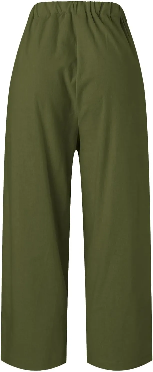 Capri Pants for Women Casual Straight Leg Lounge Trousers Elastic High Waist Lightweight Comfy Soft Palazzo Pants