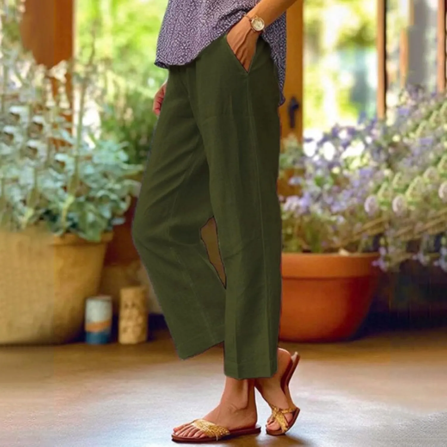 Capri Pants for Women Casual Straight Leg Lounge Trousers Elastic High Waist Lightweight Comfy Soft Palazzo Pants