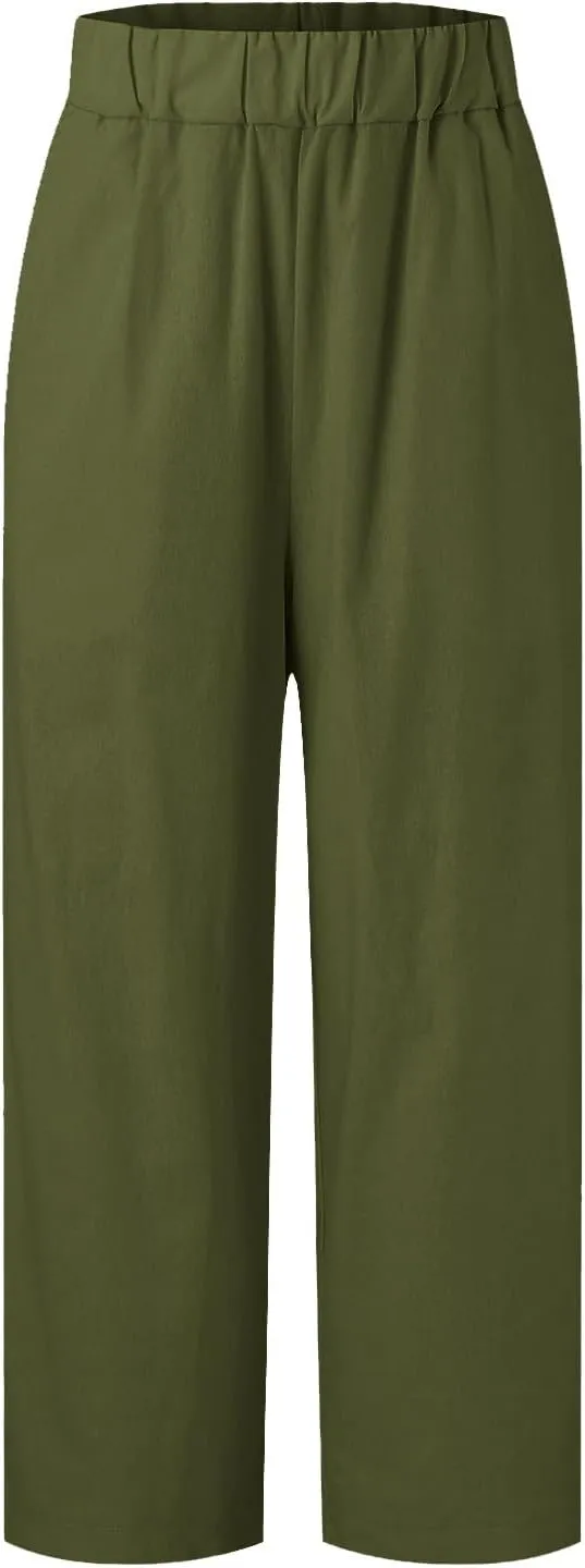 Capri Pants for Women Casual Straight Leg Lounge Trousers Elastic High Waist Lightweight Comfy Soft Palazzo Pants
