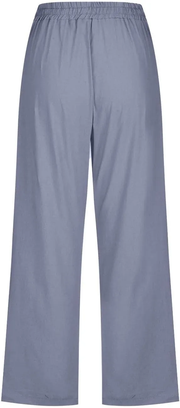 Capri Pants for Women Casual Summer Cotton Linen Pants Plus Size Drawstring Elastic High Waisted Capris with Pockets