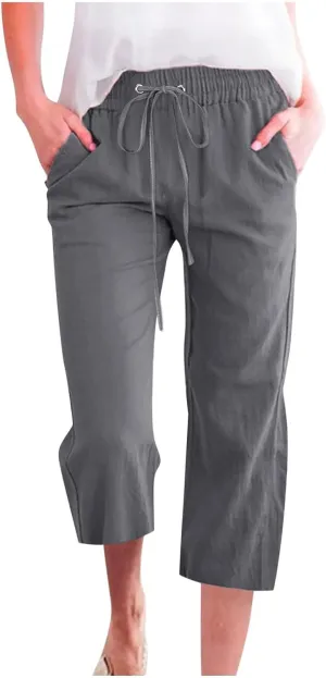 Capri Pants for Women Casual Summer Cotton Linen Pants Plus Size Drawstring Elastic High Waisted Capris with Pockets