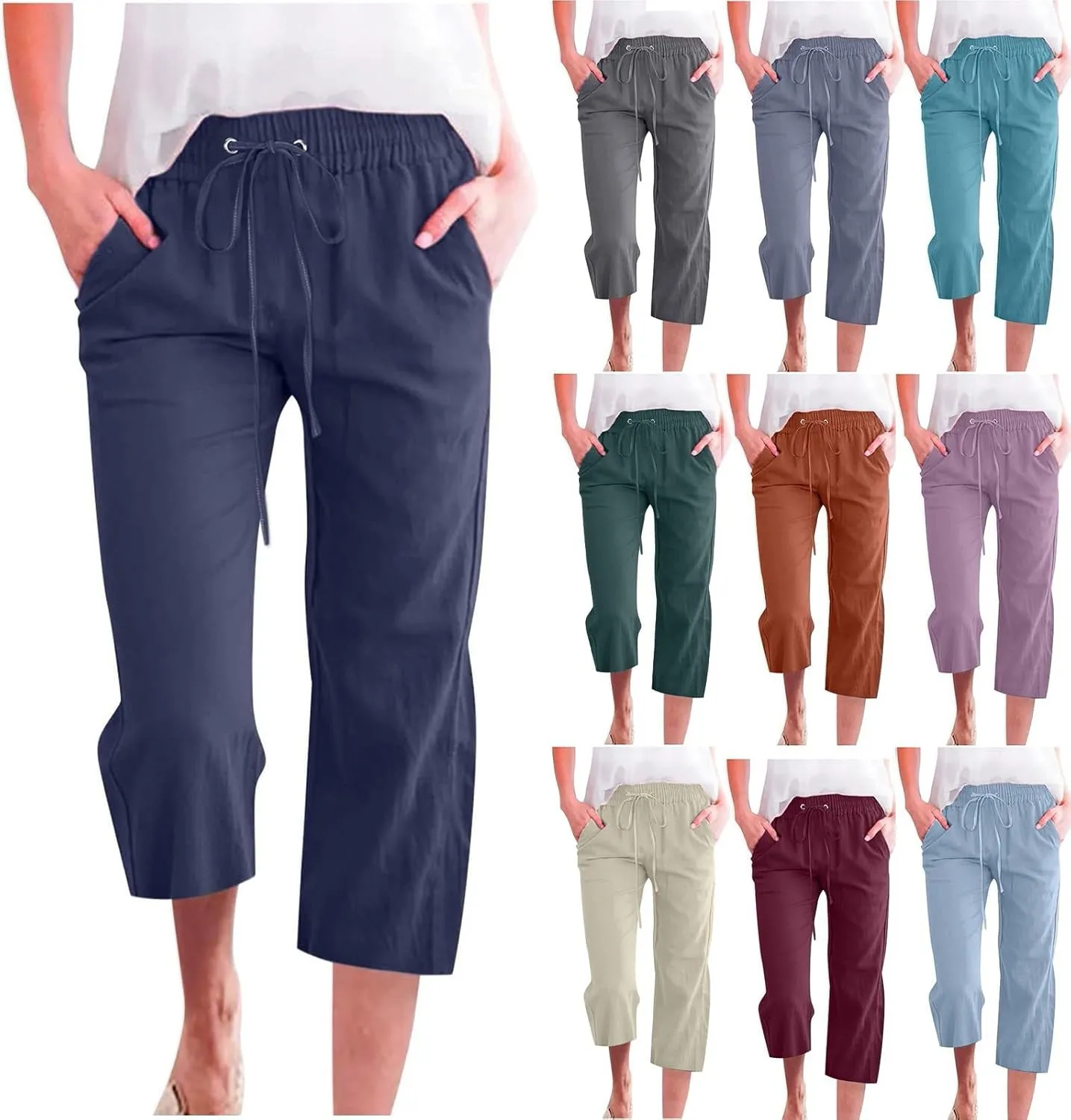 Capri Pants for Women Casual Summer Cotton Linen Pants Plus Size Drawstring Elastic High Waisted Capris with Pockets