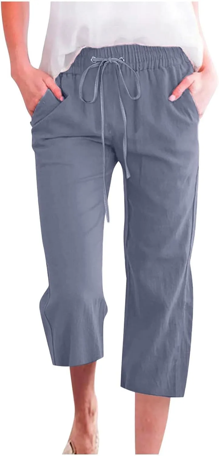 Capri Pants for Women Casual Summer Cotton Linen Pants Plus Size Drawstring Elastic High Waisted Capris with Pockets