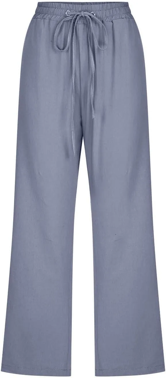 Capri Pants for Women Casual Summer Cotton Linen Pants Plus Size Drawstring Elastic High Waisted Capris with Pockets