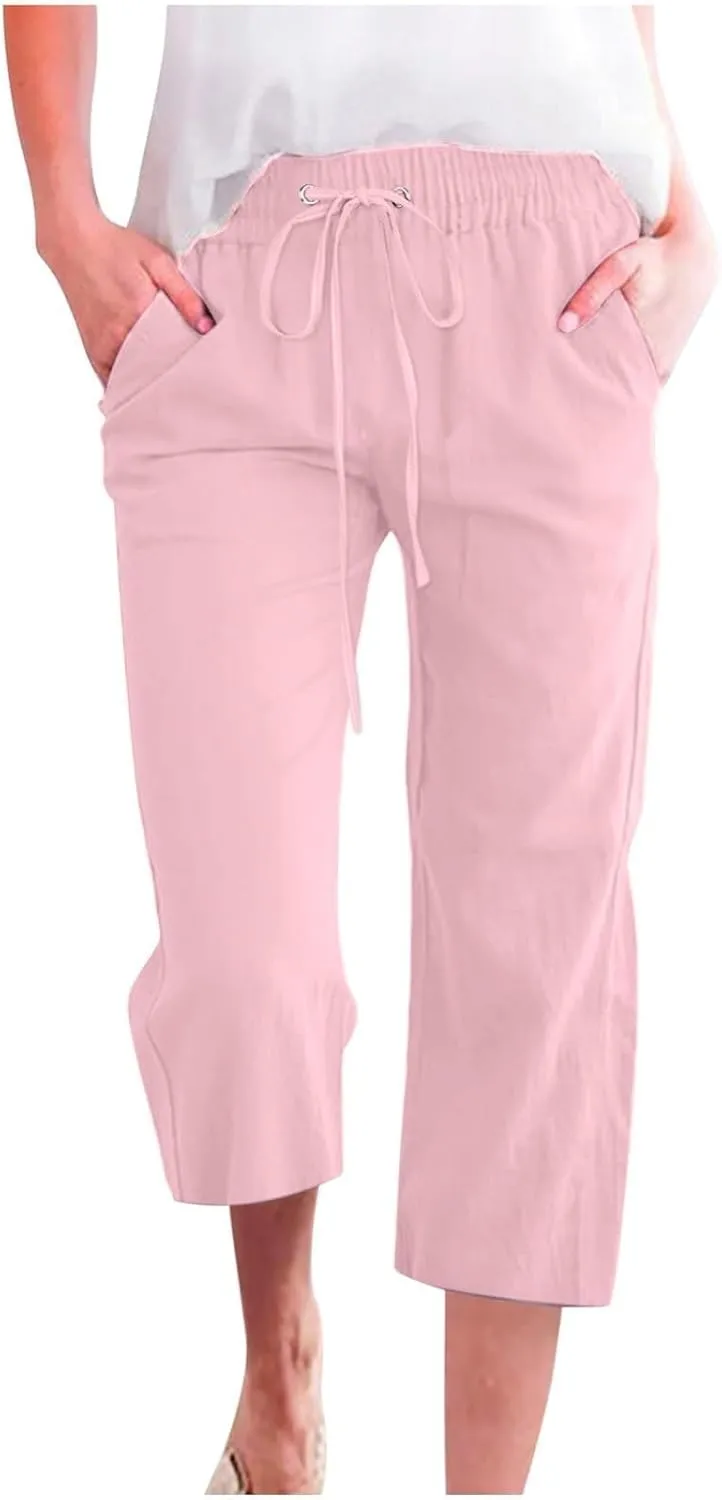 Capri Pants for Women Cotton Linen Casual Summer 2025 Straight Wide Leg Drawstring Elastic Waist Cropped Trouser