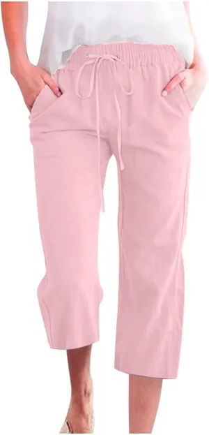 Capri Pants for Women Cotton Linen Casual Summer 2025 Straight Wide Leg Drawstring Elastic Waist Cropped Trouser