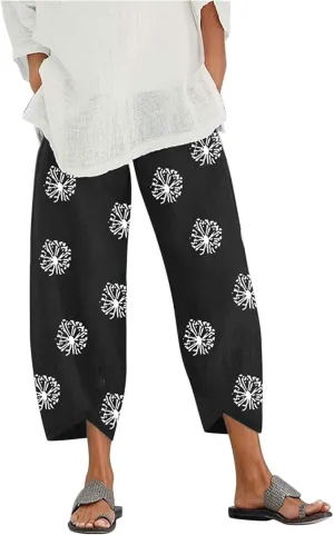 Capri Pants for Womens Linen Capri Pants Cotton Linen Wide Leg Dragonfly Print Sweatpants High Waist Summer Elastic with Pockets Boho Trousers