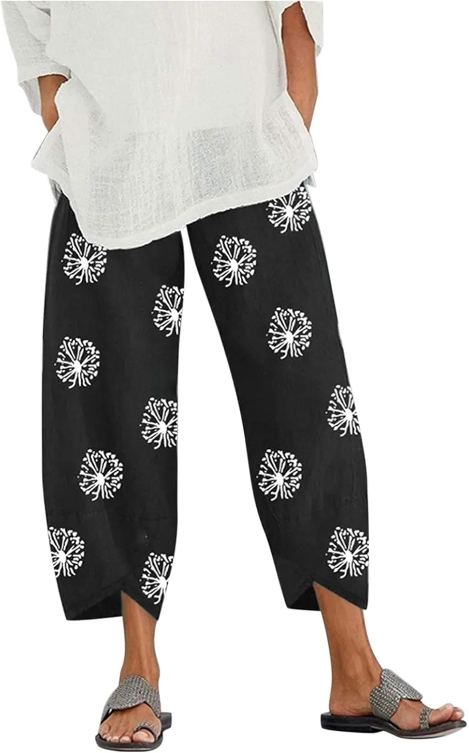 Capri Pants for Womens Linen Capri Pants Cotton Linen Wide Leg Dragonfly Print Sweatpants High Waist Summer Elastic with Pockets Boho Trousers