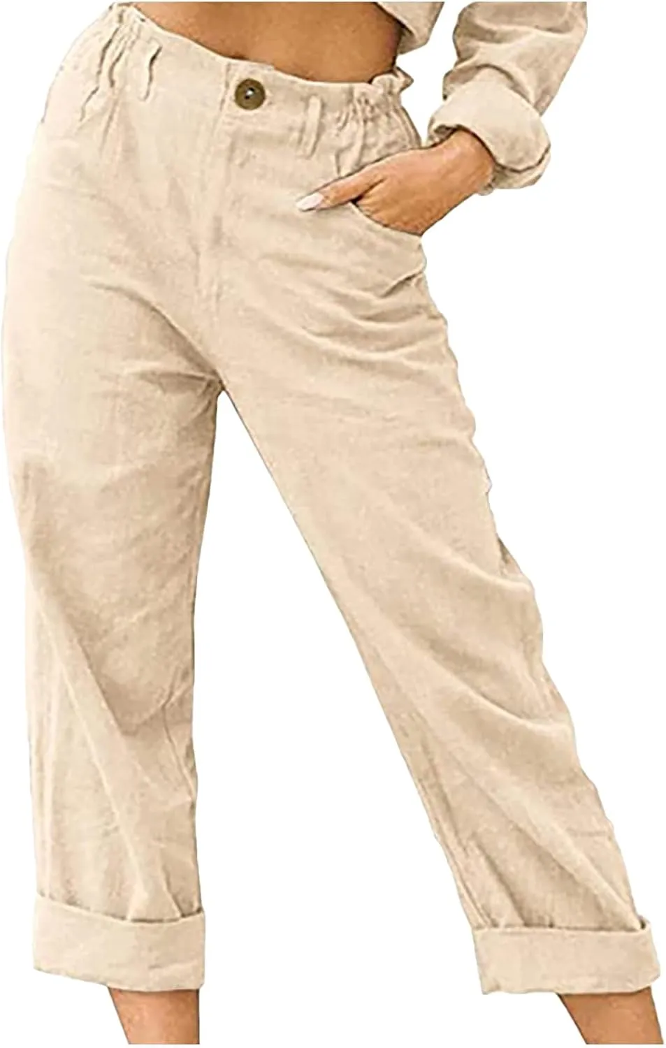 Capris for Women Casual Summer Cotton Linen Pants Lightweight High Waist Stright Leg Cropped Trouser with Pockets