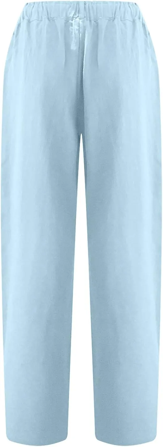 Capris for Women Casual Summer Cotton Linen Pants Lightweight High Waist Stright Leg Cropped Trouser with Pockets
