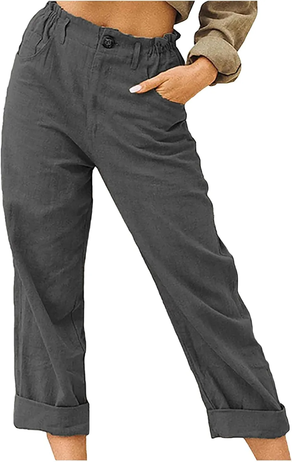 Capris for Women Casual Summer Cotton Linen Pants Lightweight High Waist Stright Leg Cropped Trouser with Pockets