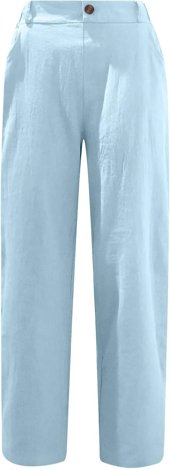 Capris for Women Casual Summer Cotton Linen Pants Lightweight High Waist Stright Leg Cropped Trouser with Pockets