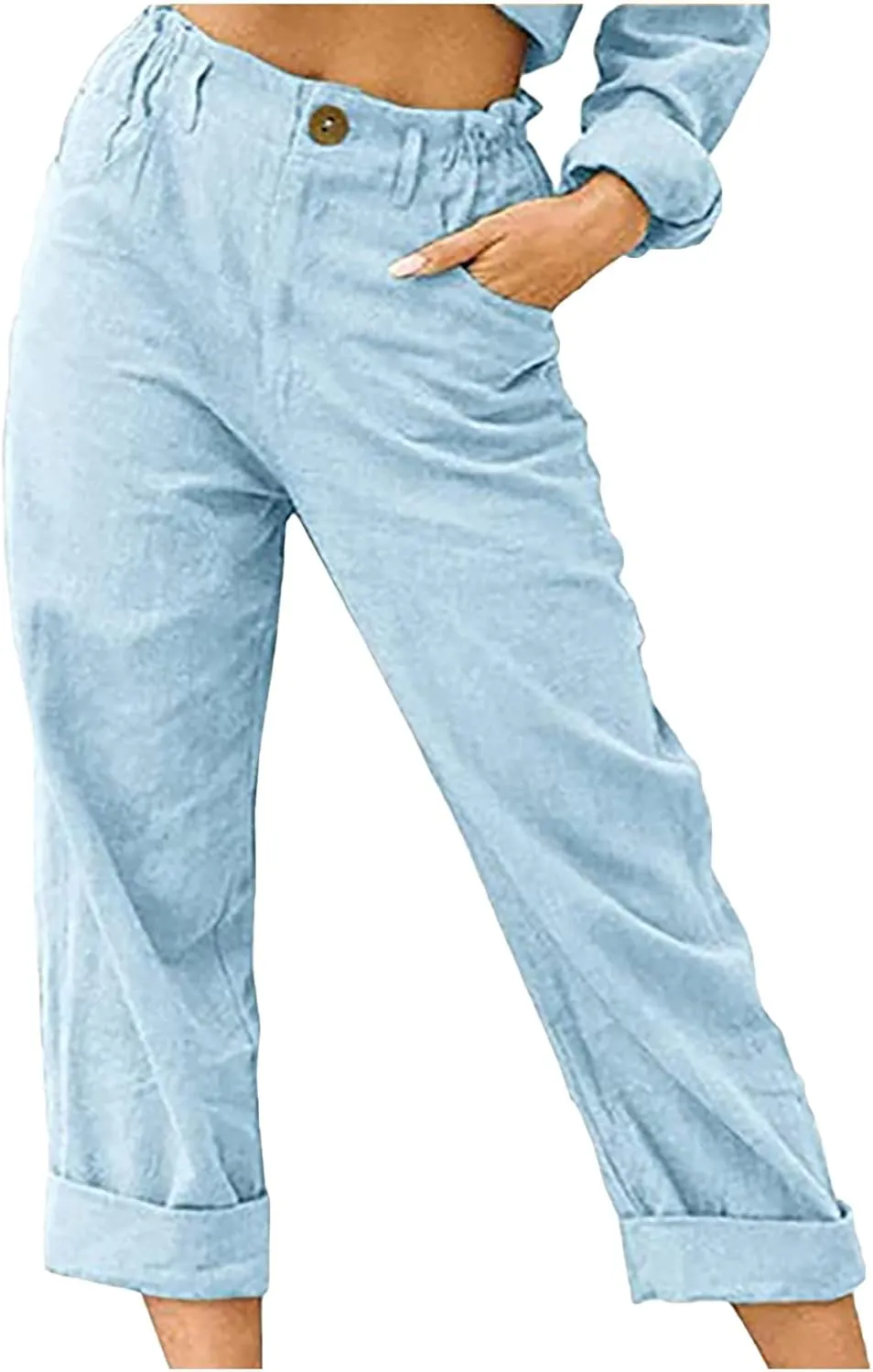 Capris for Women Casual Summer Cotton Linen Pants Lightweight High Waist Stright Leg Cropped Trouser with Pockets
