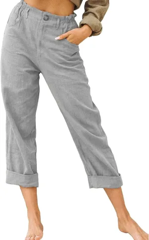 Capris for Women Casual Summer Cotton Linen Pants Lightweight High Waist Stright Leg Cropped Trouser with Pockets