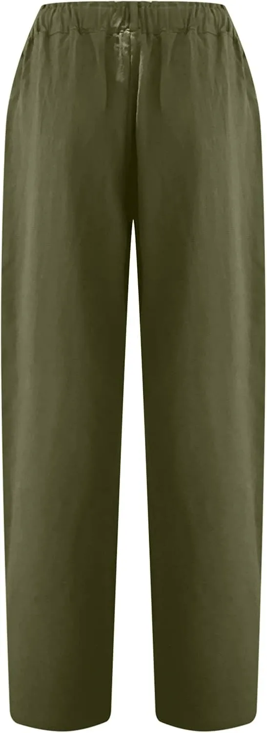 Capris for Women Casual Summer Cotton Linen Pants Lightweight High Waist Stright Leg Cropped Trouser with Pockets