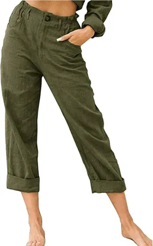 Capris for Women Casual Summer Cotton Linen Pants Lightweight High Waist Stright Leg Cropped Trouser with Pockets