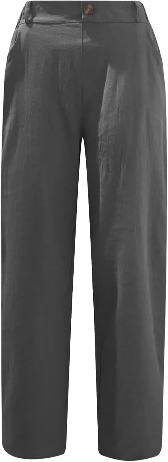 Capris for Women Casual Summer Cotton Linen Pants Lightweight High Waist Stright Leg Cropped Trouser with Pockets