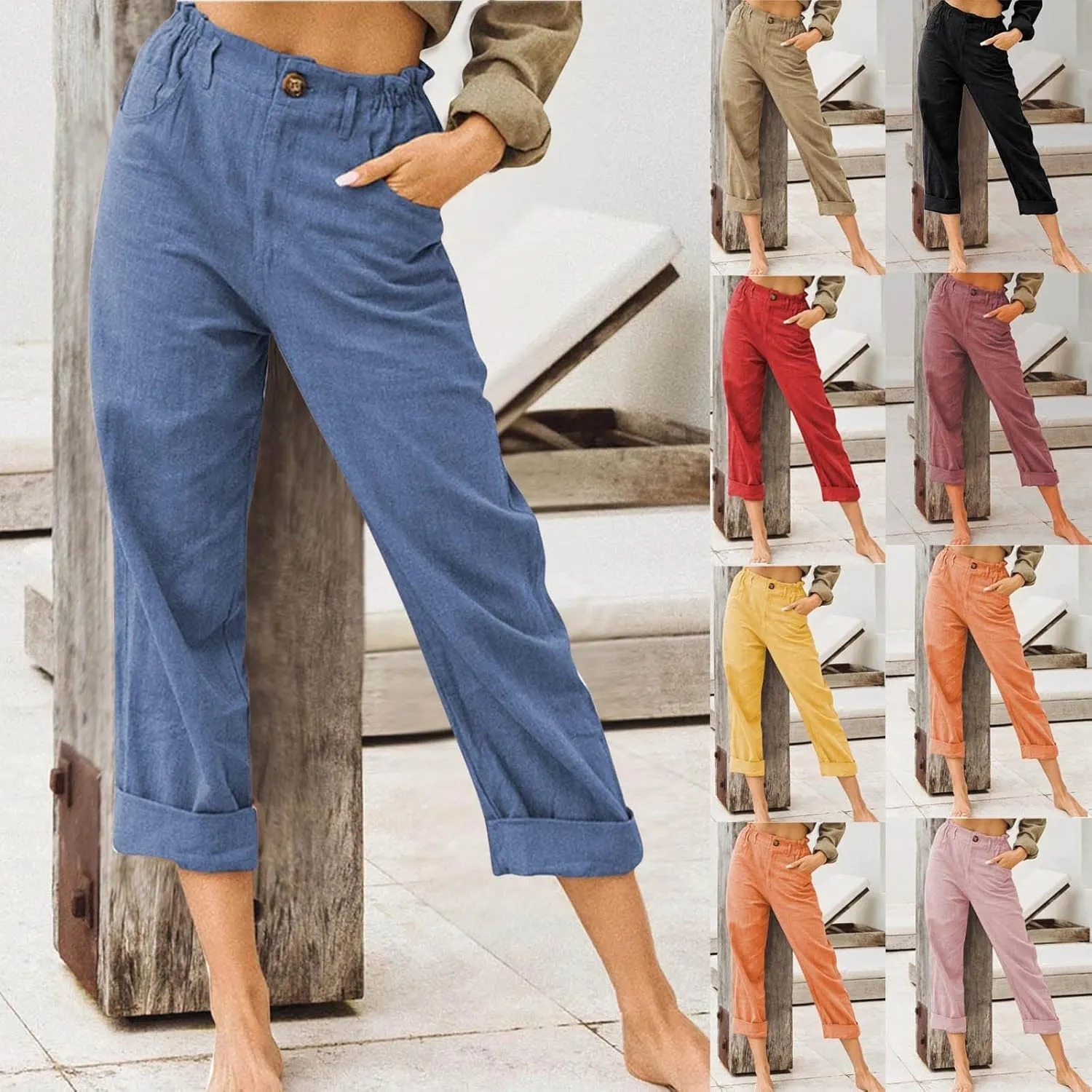 Capris for Women Casual Summer Cotton Linen Pants Lightweight High Waist Stright Leg Cropped Trouser with Pockets