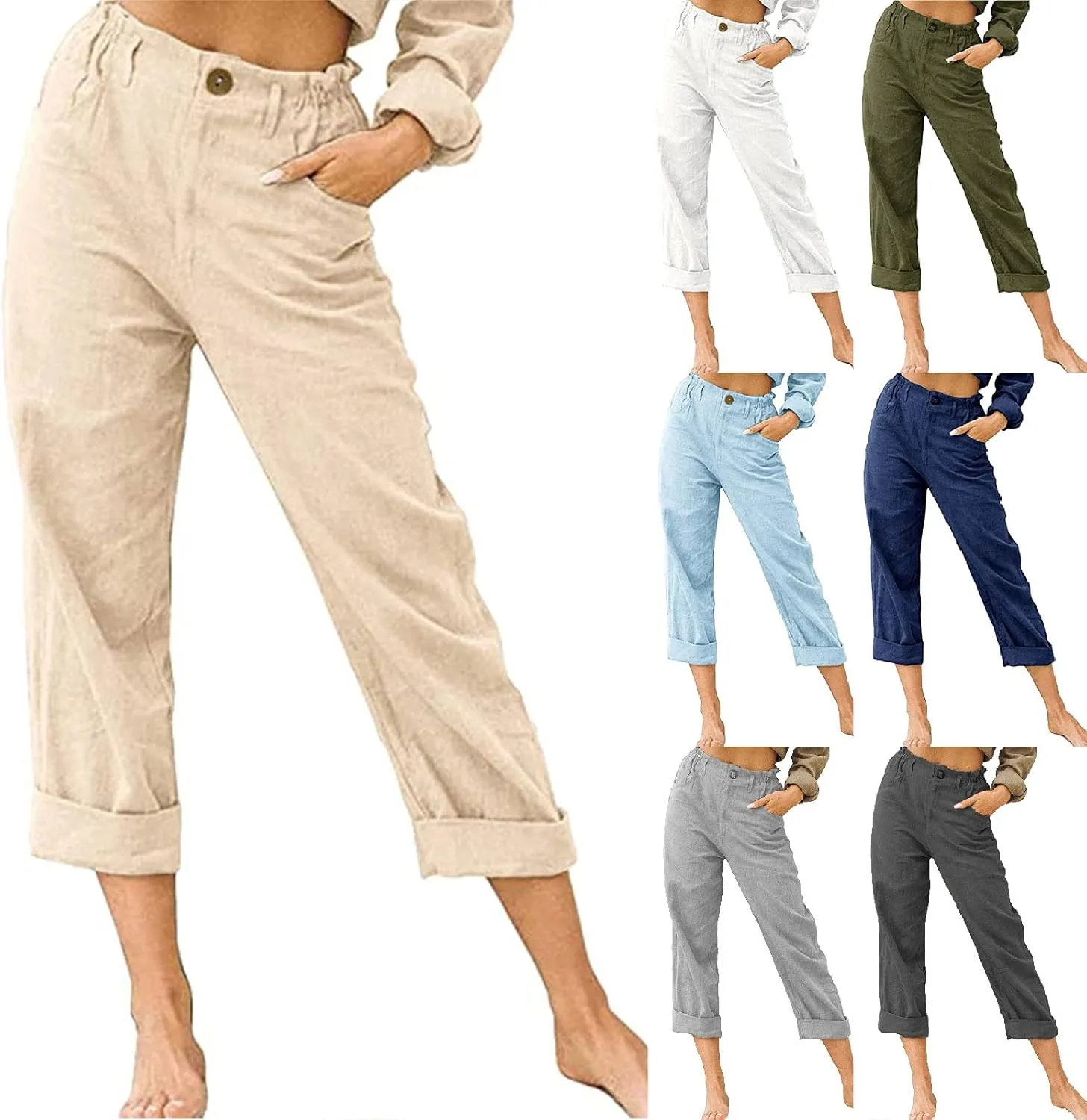 Capris for Women Casual Summer Cotton Linen Pants Lightweight High Waist Stright Leg Cropped Trouser with Pockets
